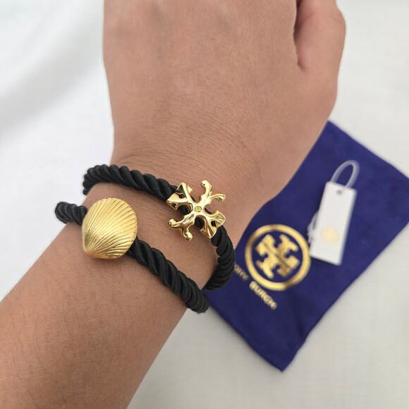 NEW Tory Burch Shell Logo Rope Bracelet Black 18K Gold Plated Bold Summer Beach - Picture 2 of 6